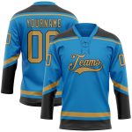 Personalized Blue Gold Black Hockey Jersey with Lace Neck Design Personalized Blue Old Gold-Black Hockey Lace Neck Jersey