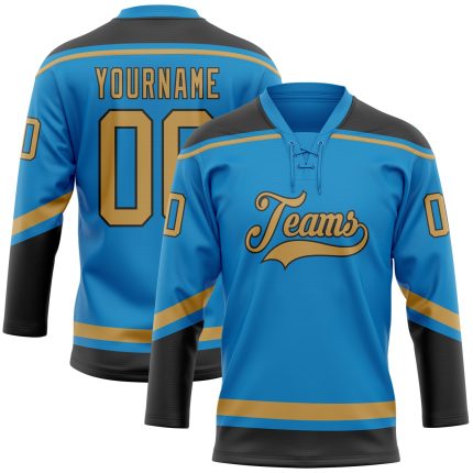 Personalized Blue Gold Black Hockey Jersey with Lace Neck Design Personalized Blue Old Gold-Black Hockey Lace Neck Jersey