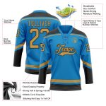 Personalized Blue Gold Black Hockey Jersey with Lace Neck Design Personalized Blue Old Gold-Black Hockey Lace Neck Jersey