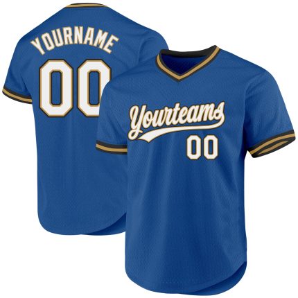 Personalized Blue and Black Throwback Baseball Jersey - Custom Old Gold Design Personalized Blue Old Gold-Black Throwback