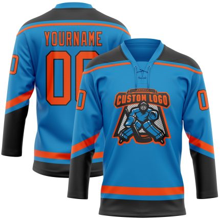 Personalized Blue Orange Black Hockey Jersey with Lace Neck - Custom Team Apparel Personalized Blue Orange-Black Hockey Lace