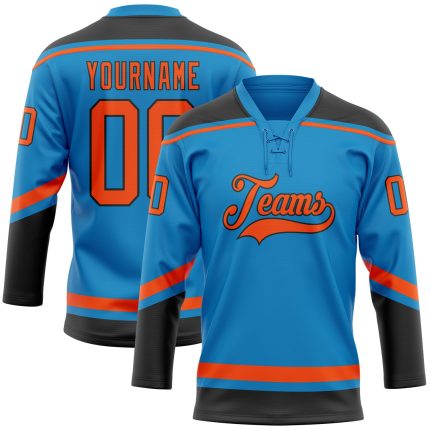 Custom Name Number Jersey - Personalized Blue Orange Black Hockey Lace Neck Team Apparel Personalized Blue Orange-Black Hockey