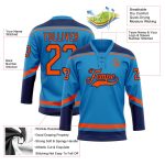 Personalized Hockey Jersey in Blue and Orange-Navy Lace Neck Design Personalized Blue Orange-Navy Hockey Lace Neck Jersey