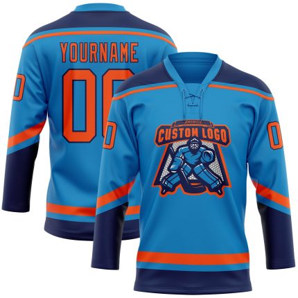 Personalized Hockey Jersey in Blue and Orange-Navy Lace Neck Design Personalized Blue Orange-Navy Hockey Lace Neck Jersey