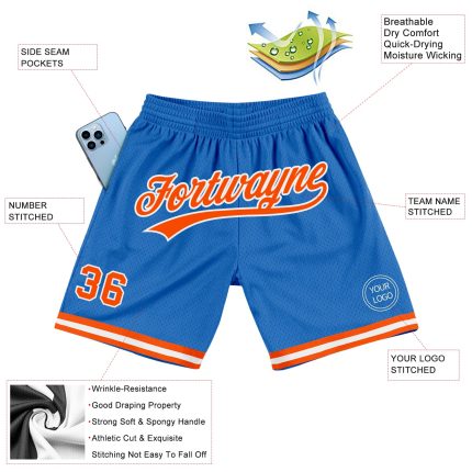 Personalized Authentic Basketball Shorts in Blue Orange-White Color Personalized Blue Orange-White Authentic Throwback Basketball