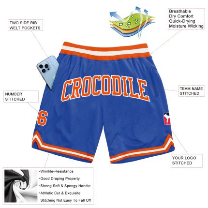 Custom Blue Orange-White Throwback Basketball Shorts with Personalized Name and Number - Authentic Team Apparel Personalized