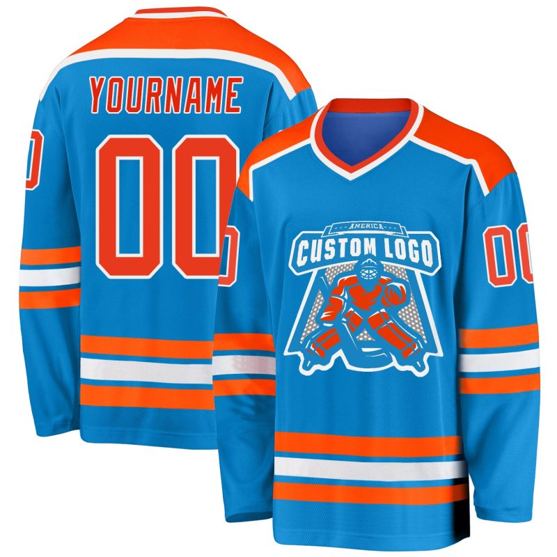 Personalized Blue Hockey Jersey - Custom Orange-White Design for Fans Personalized Blue Orange-White Hockey Jersey