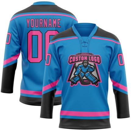 Personalized Blue and Pink Black Hockey Jersey with Lace Neck Design Personalized Blue Pink-Black Hockey Lace Neck Jersey