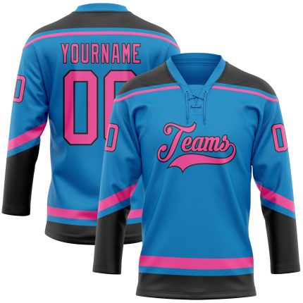 Custom Name and Number Personalized Hockey Jersey - Blue Pink-Black Lace Team Jersey Personalized Blue Pink-Black Hockey