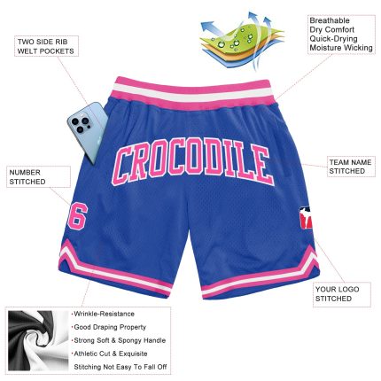 Custom Name and Number Personalized Blue Pink White Basketball Shorts - Authentic Throwback Style Personalized Blue Pink-White