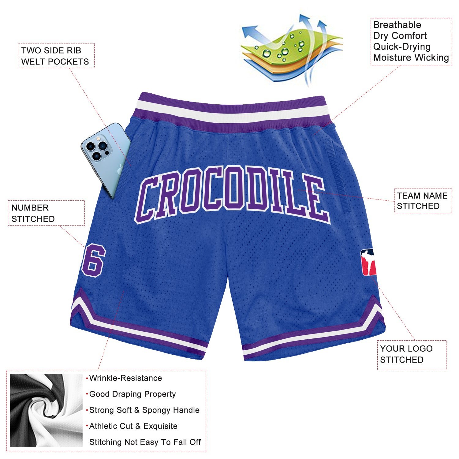 Customizable Basketball Shorts in Blue Purple and White - Throwback Style Personalized Blue Purple-White Throwback Basketball - Image 2