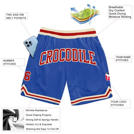 Custom Authentic Basketball Shorts with Personalized Name & Number - Blue Red-Cream Throwback Style Personalized Blue Red-Cream