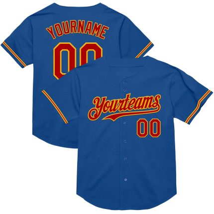 Custom Blue Red Gold Mesh Throwback Baseball Jersey for Men and Women Personalized Blue Red-Gold Mesh Throwback Baseball