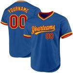 Personalized Throwback Baseball Jersey in Blue Red-Gold for Custom Style Personalized Blue Red-Gold Throwback Baseball Jersey