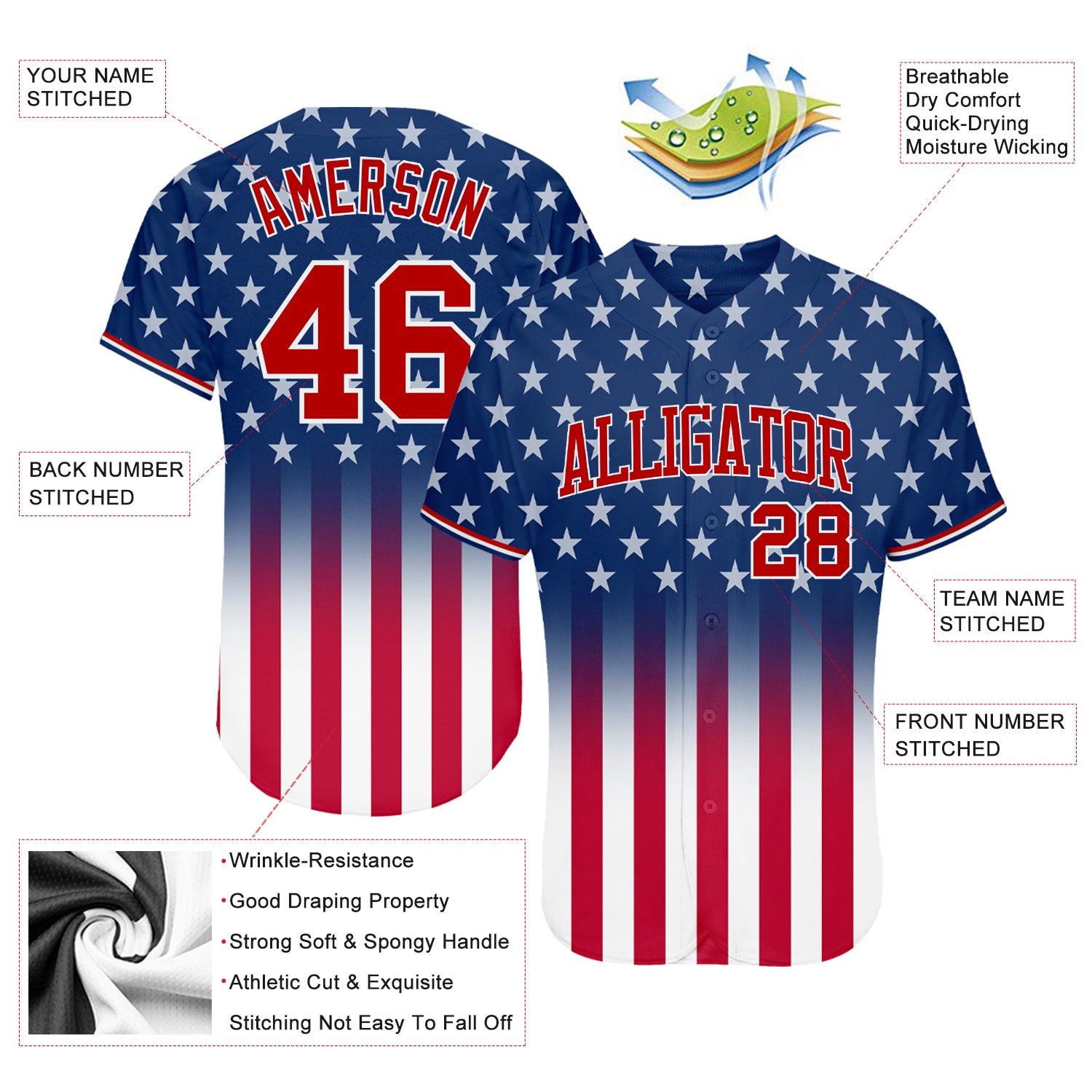 3D American Flag Baseball Jersey, Personalized Blue Red-White Design, Fashion Fit Personalized Blue Red-White 3D American - Image 3