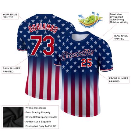 Custom 3D American Flag T-Shirt with Name and Number - Fashion Performance, Red Blue White Design Personalized Blue Red-White
