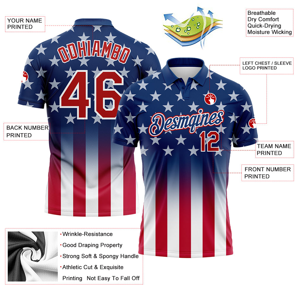 Personalized 3D American Flag Golf Polo Shirt - Blue Red-White Performance Wear Personalized Blue Red-White 3D American Flag - Image 3