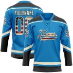 Personalized Blue Vintage USA Flag Jersey with Cream-Black Hockey Lace Neck Design Personalized Blue Vintage USA Flag Cream-Black