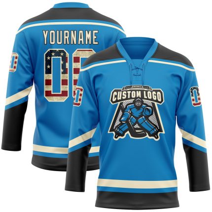 Personalized Blue Vintage USA Flag Jersey with Cream-Black Hockey Lace Neck Design Personalized Blue Vintage USA Flag Cream-Black