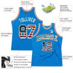 Custom blue and cream throwback basketball jersey, back view