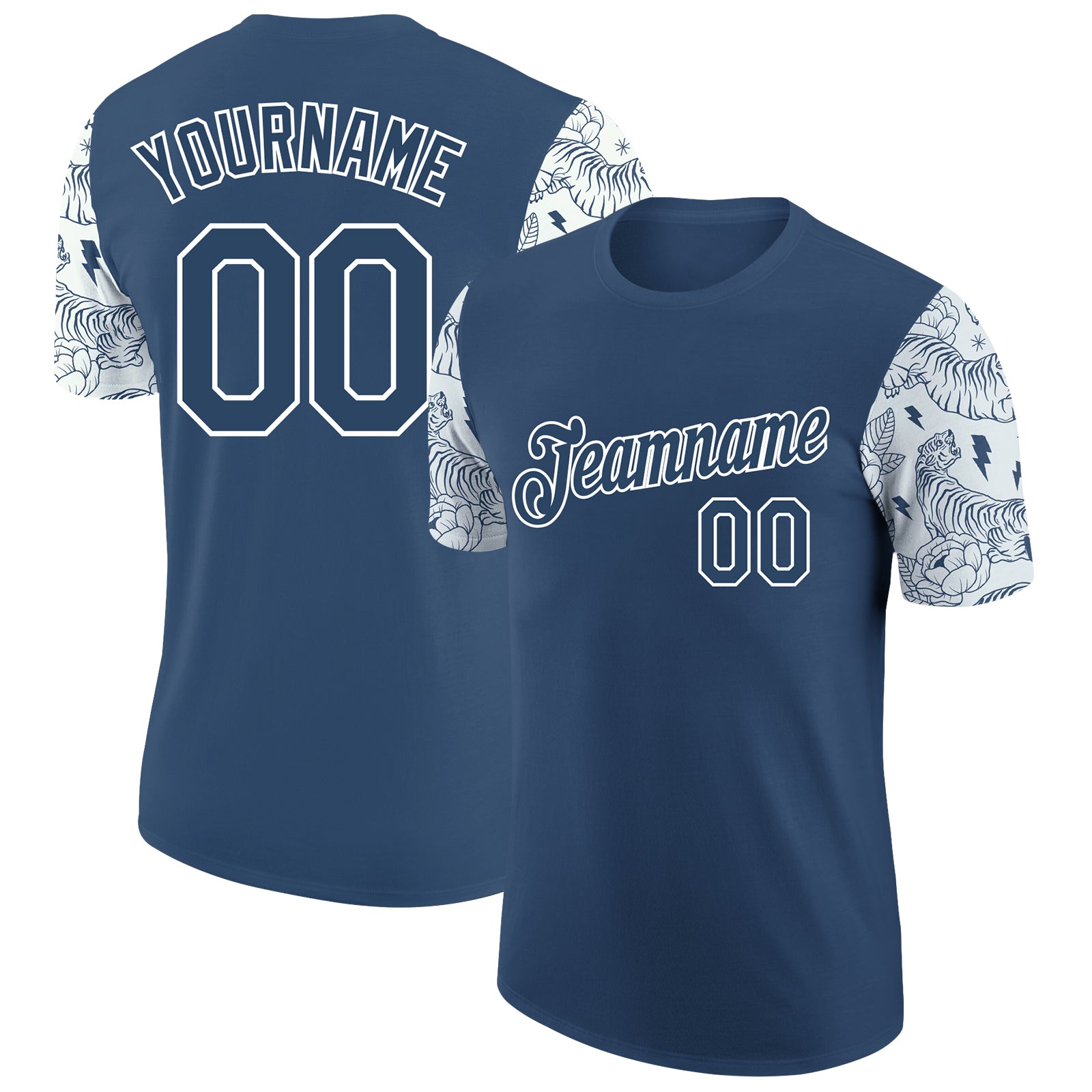 Custom Name and Number Tiger Performance T-Shirt with Personalized Blue White 3D Pattern Design Personalized Blue White 3D