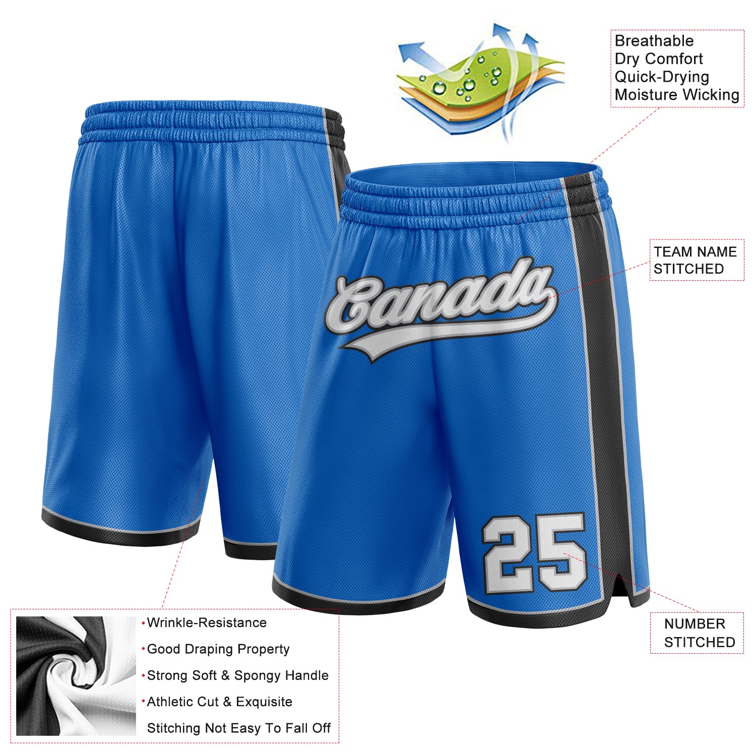Customizable Basketball Shorts in Blue, White, and Black-Gray Colors Personalized Blue White Black-Gray Basketball Shorts - Image 2