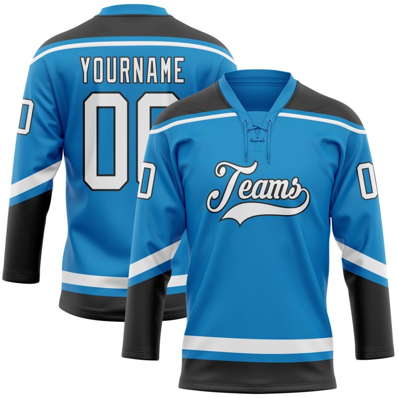 Personalized Hockey Jersey - Blue White Black Lace Neck Design, Customizable Sports Apparel Personalized Blue White-Black
