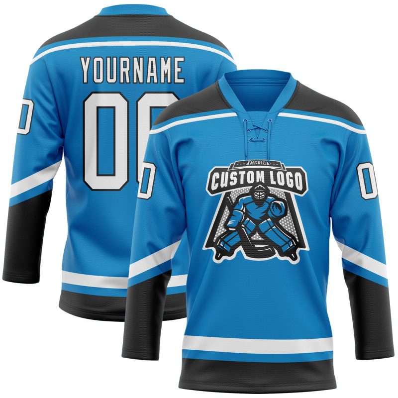 Personalized Hockey Jersey - Blue White Black Lace Neck Design, Customizable Sports Apparel Personalized Blue White-Black