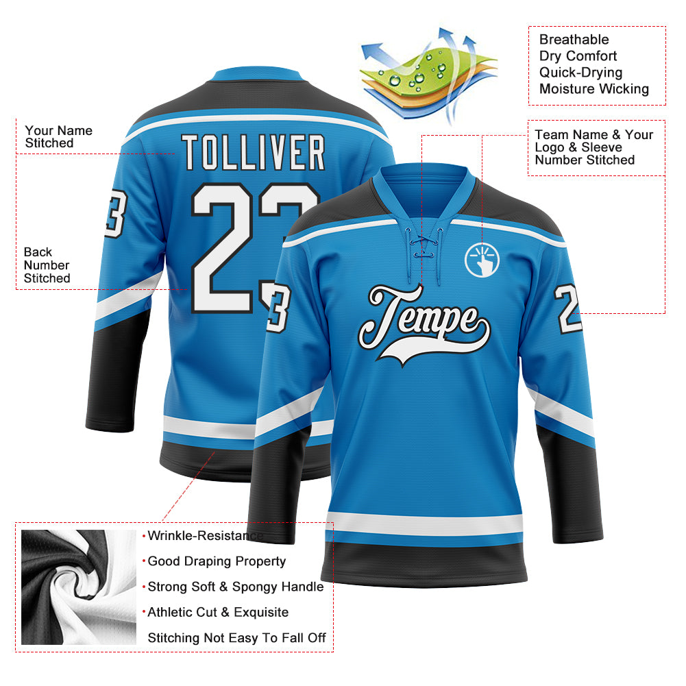 Personalized Hockey Jersey - Blue White Black Lace Neck Design, Customizable Sports Apparel Personalized Blue White-Black - Image 3