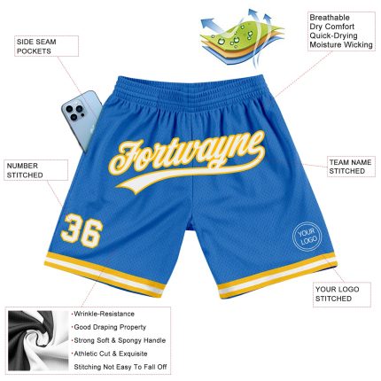 Personalized Blue and White Gold Basketball Shorts - Retro Style Athletic Apparel Personalized Blue White-Gold Throwback