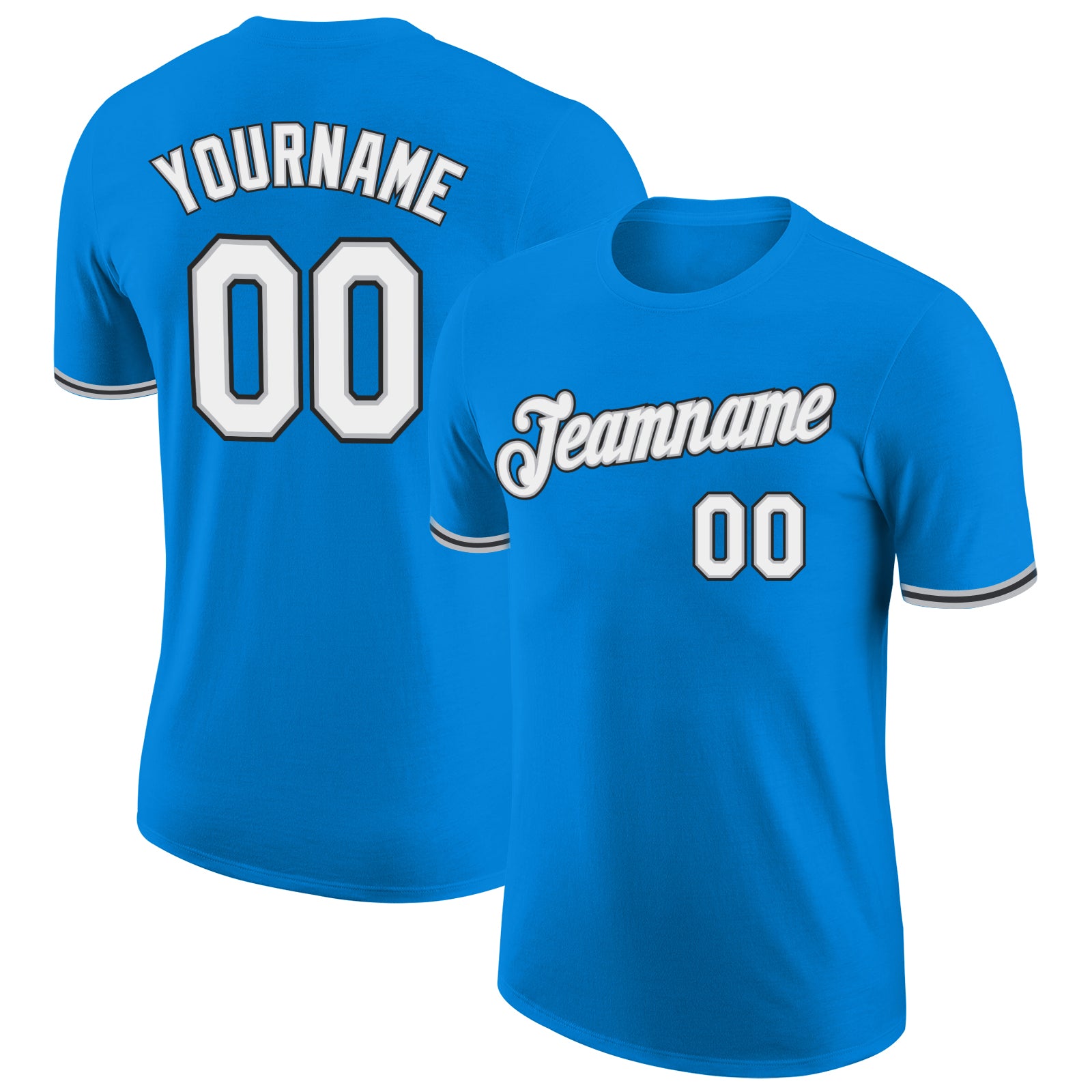 Custom Performance T-Shirt with Team Name and Number in Blue, White, Gray, and Black Personalized Blue White Gray-Black Performance