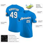 Custom Performance T-Shirt with Team Name and Number in Blue, White, Gray, and Black Personalized Blue White Gray-Black Performance