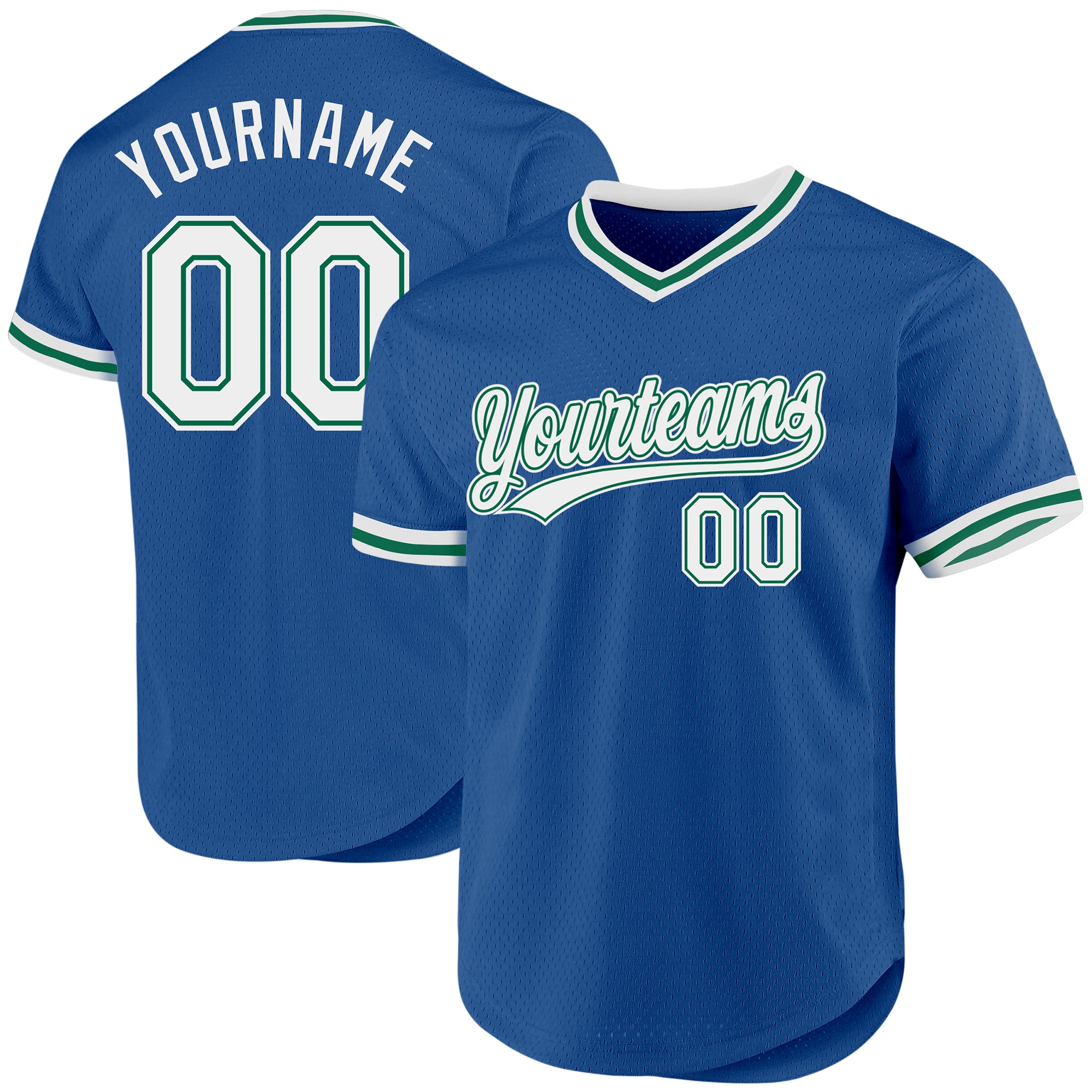 Custom Personalized Baseball Jersey - Authentic Throwback in Blue, White & Kelly Green with Name and Number Personalized