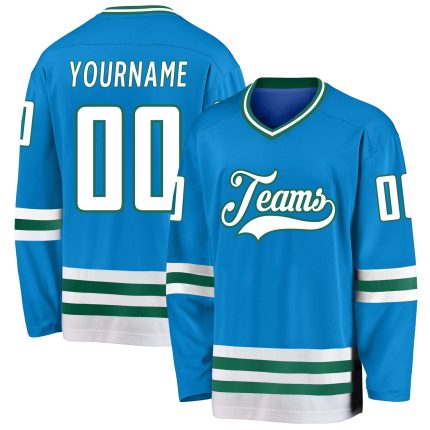 Personalized Hockey Jersey in Blue and White with Kelly Green Accents Personalized Blue White-Kelly Green Hockey Jersey