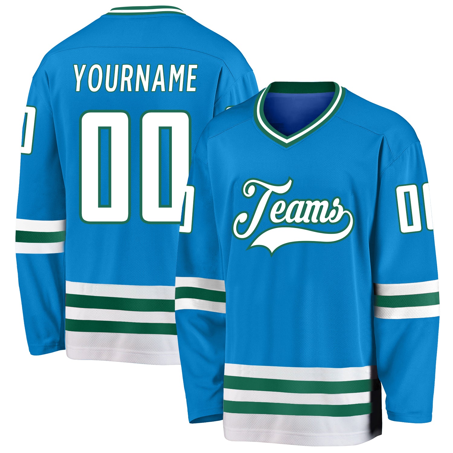 Custom Personalized Hockey Jersey with Name and Number - Blue and Kelly Green Design Personalized Blue White-Kelly Green