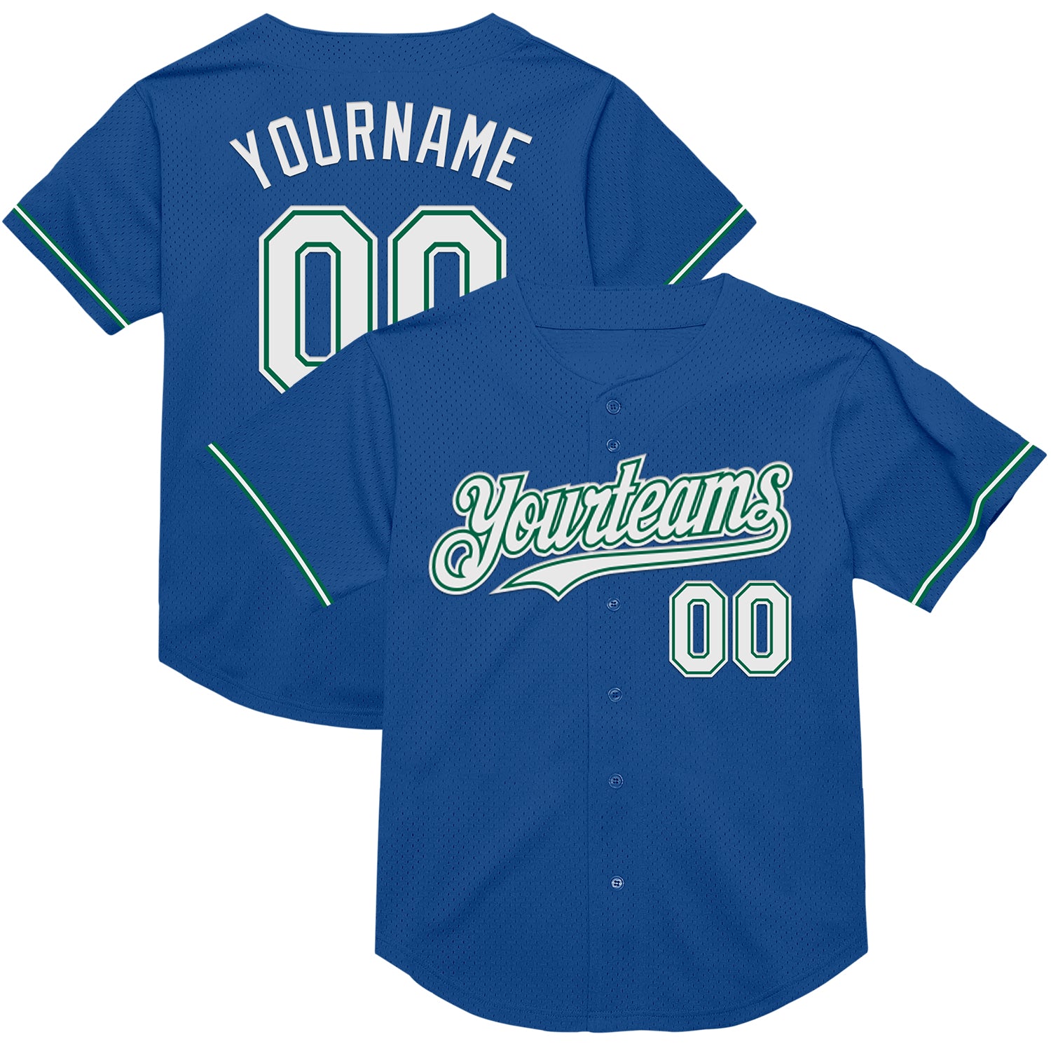 Custom Throwback Baseball Jersey with Personalized Name & Number - Blue White Kelly Green Mesh Personalized Blue White-Kelly