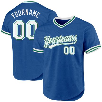 Personalized Throwback Baseball Jersey in Blue and White with Kelly Green Accents Personalized Blue White-Kelly Green Throwback