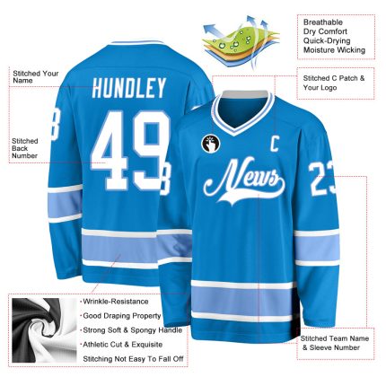 Personalized Hockey Jersey in Blue and White Light Blue Colors Personalized Blue White-Light Blue Hockey Jersey