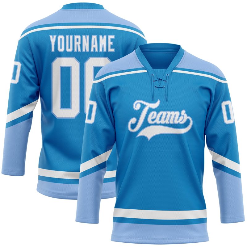 Personalized Hockey Jersey - Blue White Light Blue Lace Neck Design Personalized Blue White-Light Blue Hockey Lace Neck Jersey