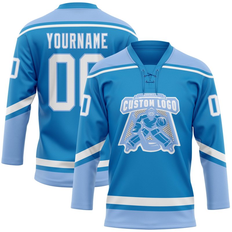 Personalized Hockey Jersey - Blue White Light Blue Lace Neck Design Personalized Blue White-Light Blue Hockey Lace Neck Jersey