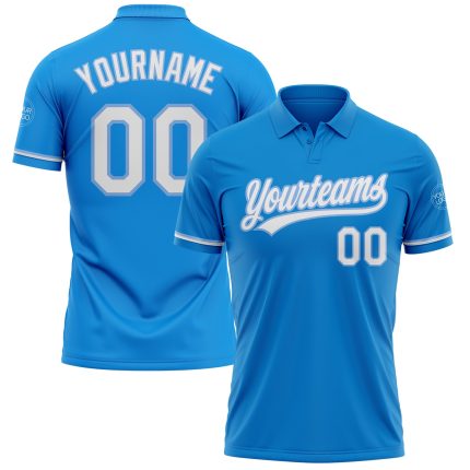 Custom Name and Number Blue White-Light Blue Performance Golf Polo Shirt - Personalized Team Apparel Personalized Blue White-Light