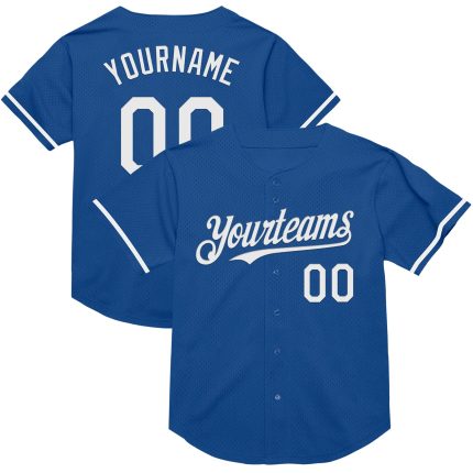 Personalized Blue White Baseball Jersey, Vintage Throwback Style Mesh Jersey Personalized Blue White Mesh Throwback Baseball