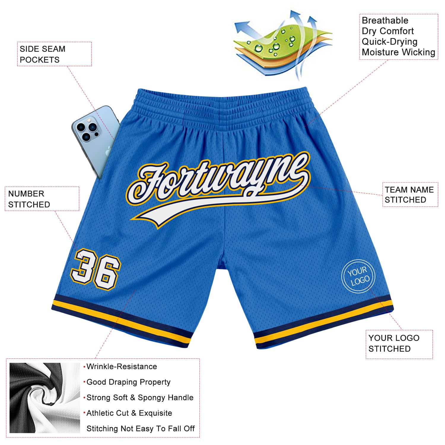 Personalized Blue White Navy-Gold Authentic Throwback Basketball Shorts Team Custom Name and Number Custom Name and Number Basketball Shorts - Personalized Navy Gold Blue Throwback Design Personalized Blue White Navy-Gold - Image 2