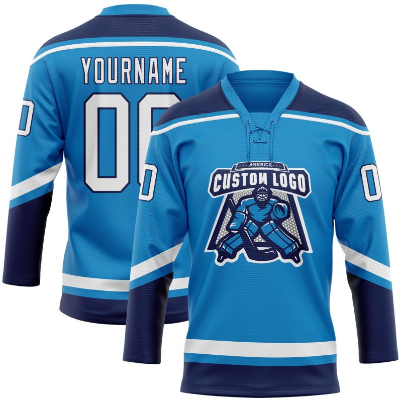 Custom Name and Number Navy Blue White Hockey Lace Neck Jersey - Personalized Team Apparel Personalized Blue White-Navy Hockey