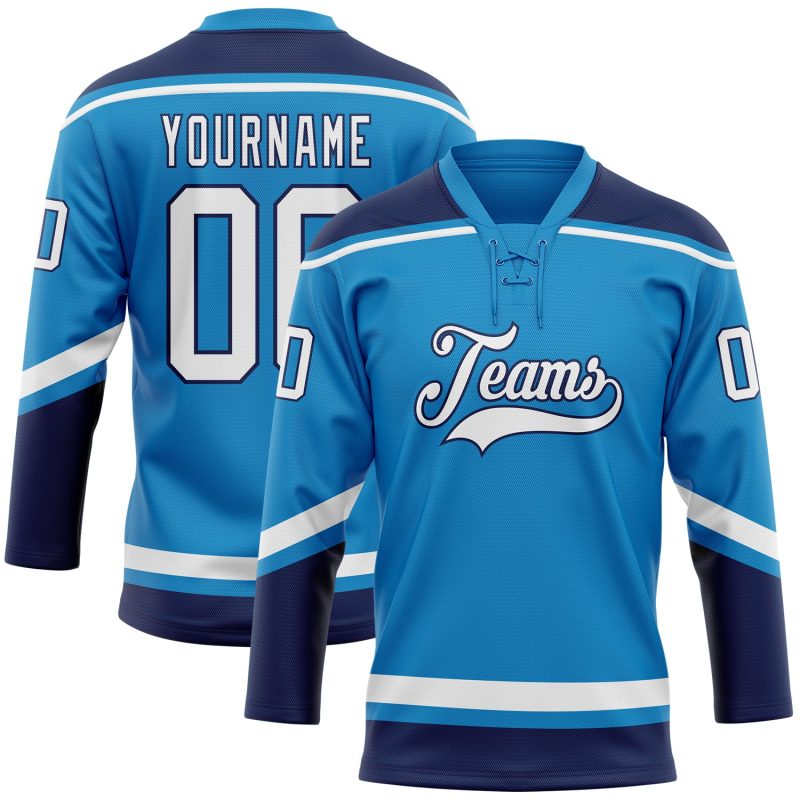 Custom Name and Number Navy Blue White Hockey Lace Neck Jersey - Personalized Team Apparel Personalized Blue White-Navy Hockey