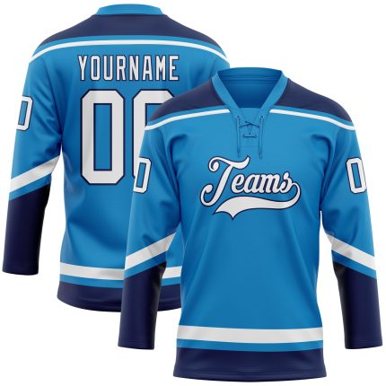 Personalized Navy Blue White Hockey Jersey with Lace Neck Design Personalized Blue White-Navy Hockey Lace Neck Jersey