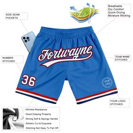 Custom Name and Number Personalized Authentic Basketball Shorts in Blue White Navy Red - Team Spirit Throwback Style Personalized