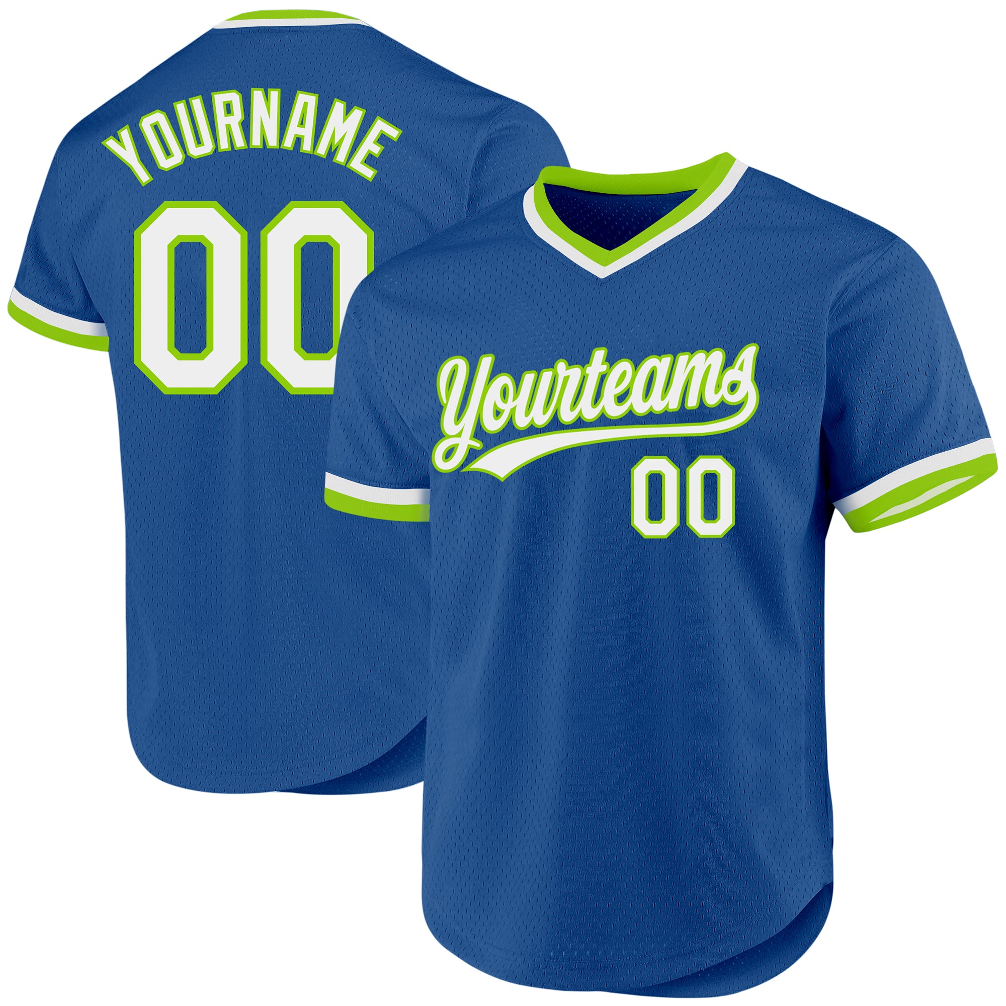 Custom Name and Number Personalized Blue White Neon Green Baseball Jersey - Authentic Throwback Style Personalized Blue White-Neon