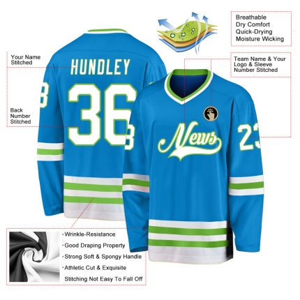 Custom Personalized Hockey Jersey with Team Name and Number in Blue and White Neon Green Personalized Blue White-Neon Green