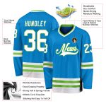 Personalized Hockey Jersey in Blue and White with Neon Green Accents Personalized Blue White-Neon Green Hockey Jersey
